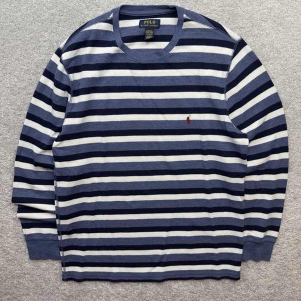 Polo Ralph Lauren Thermal Shirt Mens XL Blue Stripe Waffle Long Sleeve Sleepwear